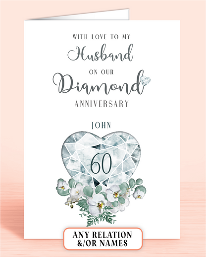 60th Diamond Wedding Anniversary Card for Husband, Congratulations on your Diamond Anniversary, Personalisation optional | Oliver Rose Designs