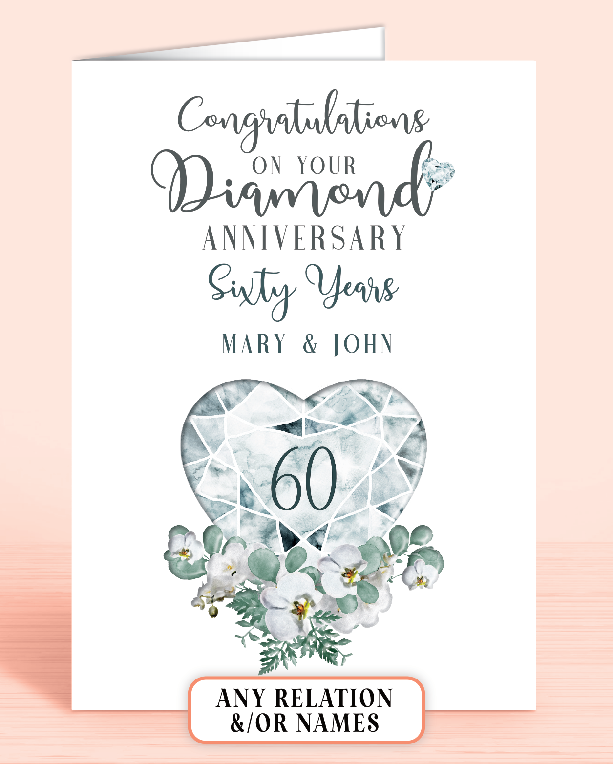 60th Diamond Wedding Anniversary Card for Couple, Sixty Years, Congratulations on your Diamond Anniversary, Personalisation optional | Oliver Rose Designs