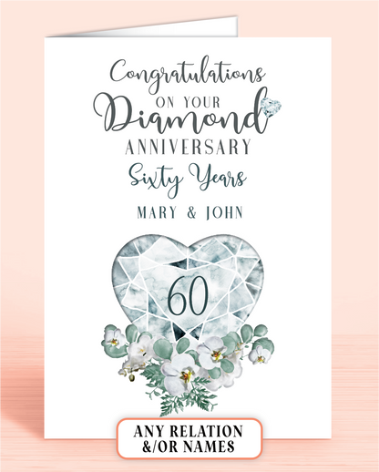 60th Diamond Wedding Anniversary Card for Couple, Sixty Years, Congratulations on your Diamond Anniversary, Personalisation optional | Oliver Rose Designs