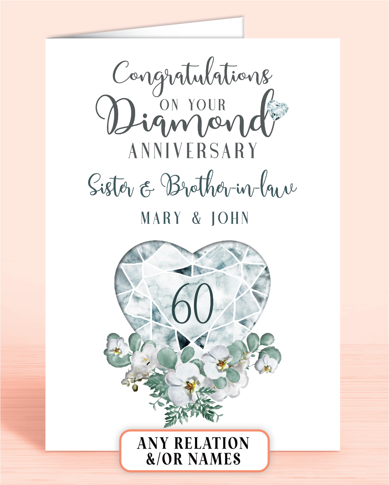 60th Diamond Wedding Anniversary Card for Sister & Brother-in-law, Congratulations on your Diamond Anniversary, Personalisation optional | Oliver Rose Designs