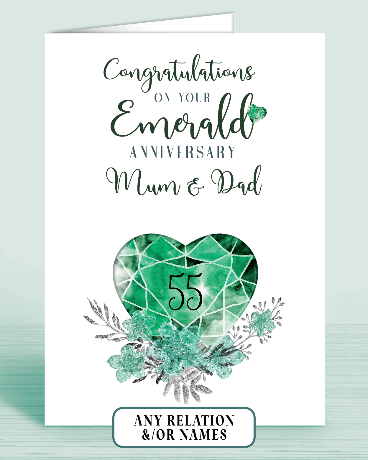 55th Emerald Wedding Anniversary Card for Mum & Dad, Congratulations on your Emerald Anniversary, personalisation optional | Oliver Rose Designs