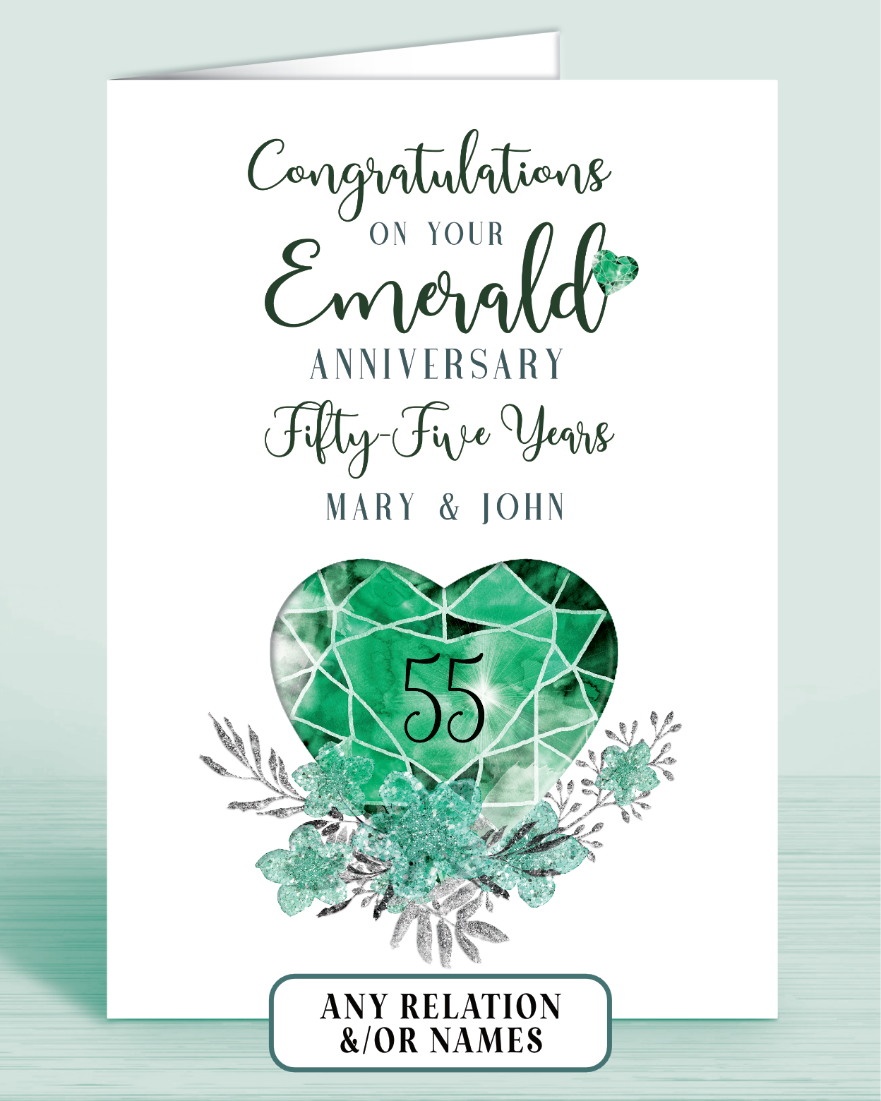 55th Emerald Wedding Anniversary Card for Couple 55 Years, Congratulations on your Emerald Anniversary, personalisation optional | Oliver Rose Designs