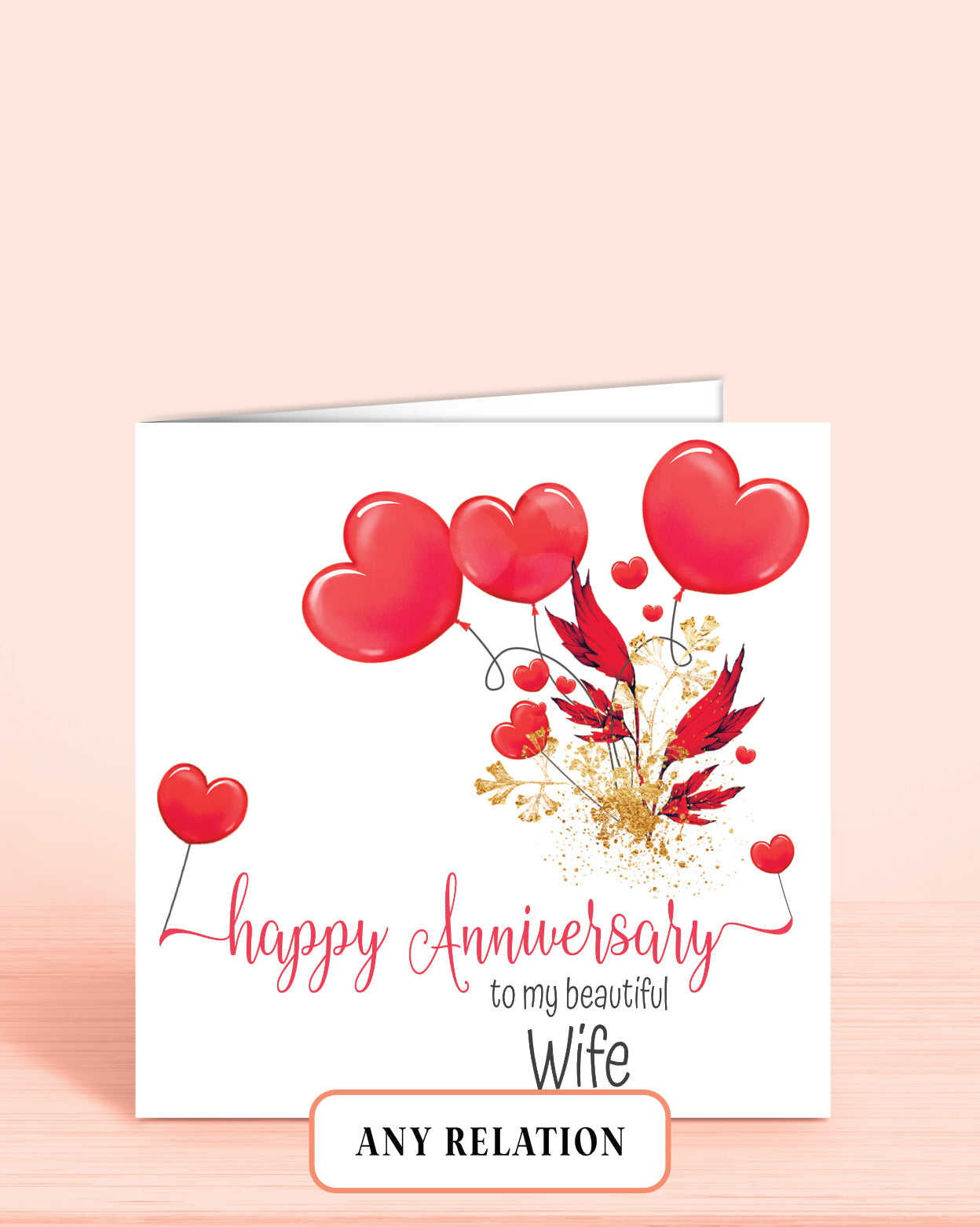 Greeting card with red hearts and floral hearts design, featuring the text 'Happy Anniversary to my beautiful Wife'.
