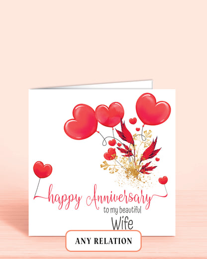 Greeting card with red hearts and floral hearts design, featuring the text 'Happy Anniversary to my beautiful Wife'.