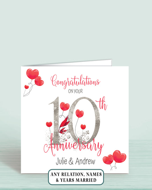 Anniversary card for 10th anniversary with red hearts and floral elements, Personalised with Couples Names