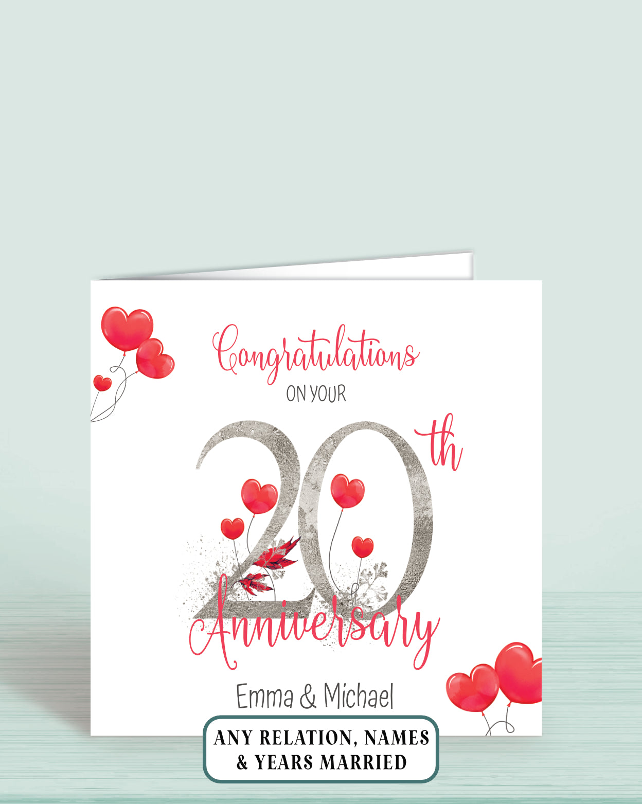 Red Hearts Anniversary Card - with years married - Oliver Rose Designs