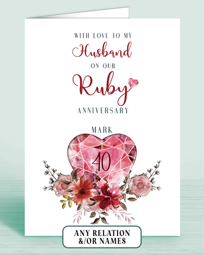 40th Ruby Wedding Anniversary Card for Husband, With love to my Husband on our Ruby Anniversary, Personalisation optional | Oliver Rose Designs