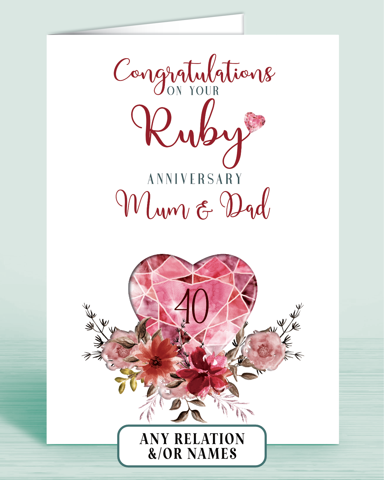 40th Ruby Wedding Anniversary Card for Mum & Dad, Congratulations on your Ruby Anniversary, personalisation optional | Oliver Rose Designs