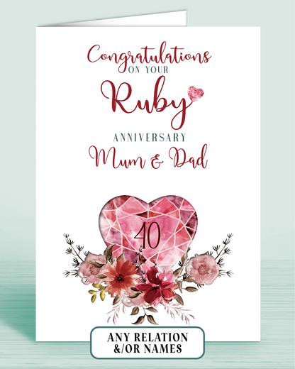 40th Ruby Wedding Anniversary Card for Mum & Dad, Congratulations on your Ruby Anniversary, personalisation optional | Oliver Rose Designs