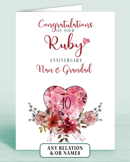 40th Ruby Wedding Anniversary Card for Nan & Grandad, Congratulations on your Ruby Anniversary, personalisation optional | Oliver Rose Designs