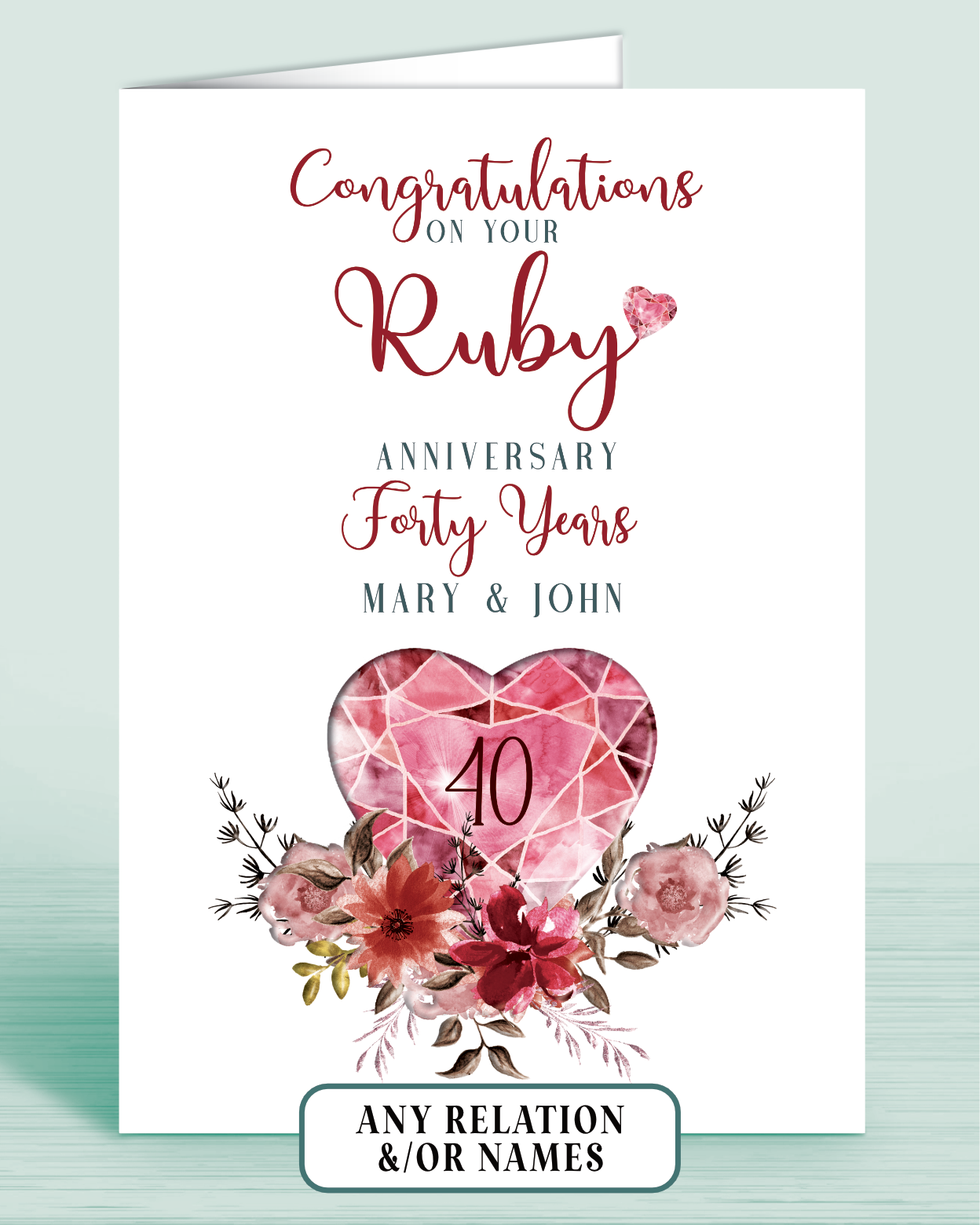 40th Ruby Wedding Anniversary Card for Couple 40 Years, Congratulations on your Ruby Anniversary, personalisation optional | Oliver Rose Designs