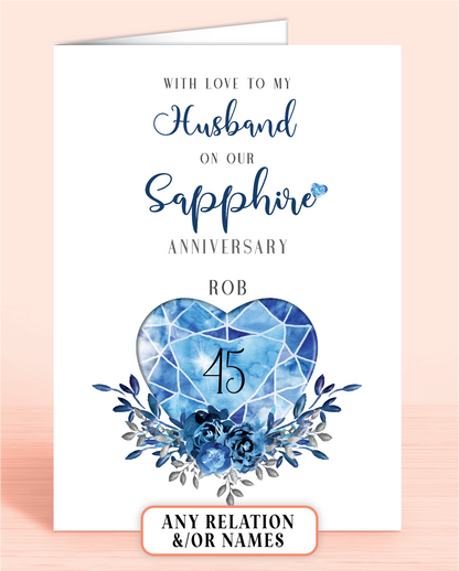 45th Sapphire Wedding Anniversary Card for Husband, With love to my Husband on our Sapphire Anniversary, personalisation optional | Oliver Rose Designs