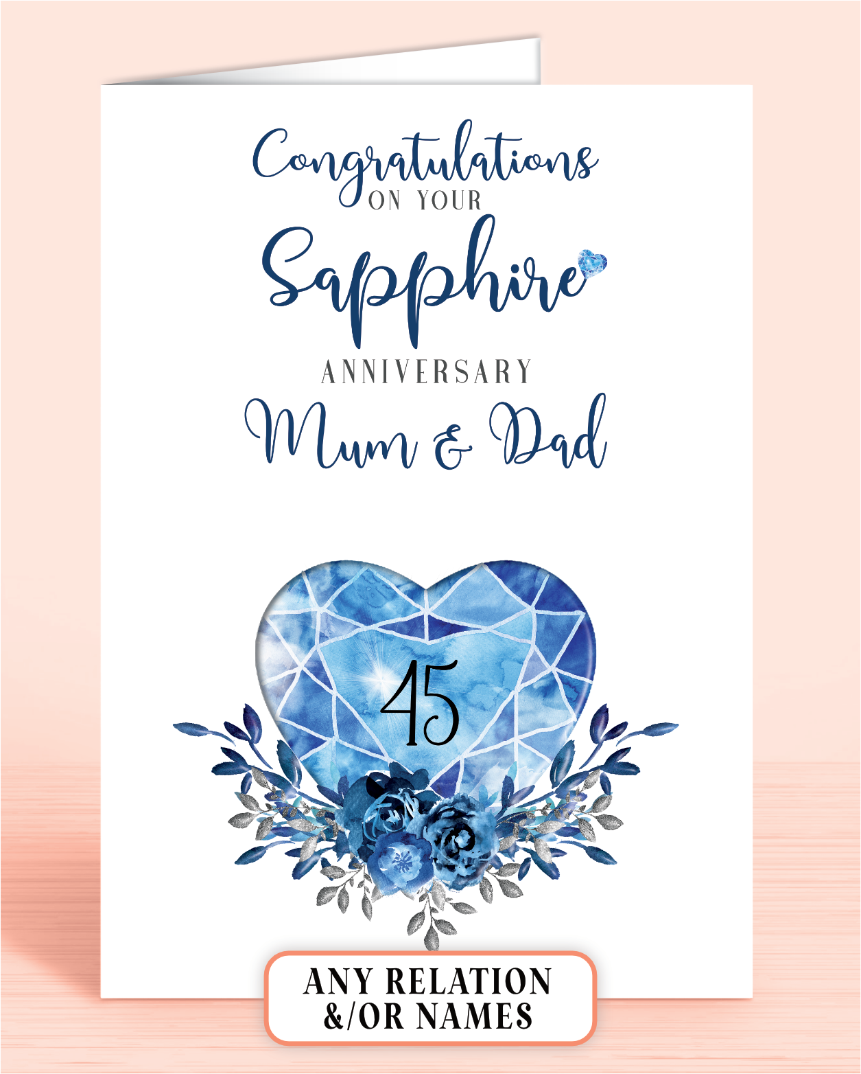 45th Sapphire Wedding Anniversary Card for Mum & Dad, Congratulations on your Sapphire Anniversary, personalisation optional | Oliver Rose Designs