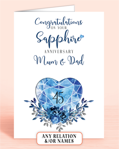 45th Sapphire Wedding Anniversary Card for Mum & Dad, Congratulations on your Sapphire Anniversary, personalisation optional | Oliver Rose Designs