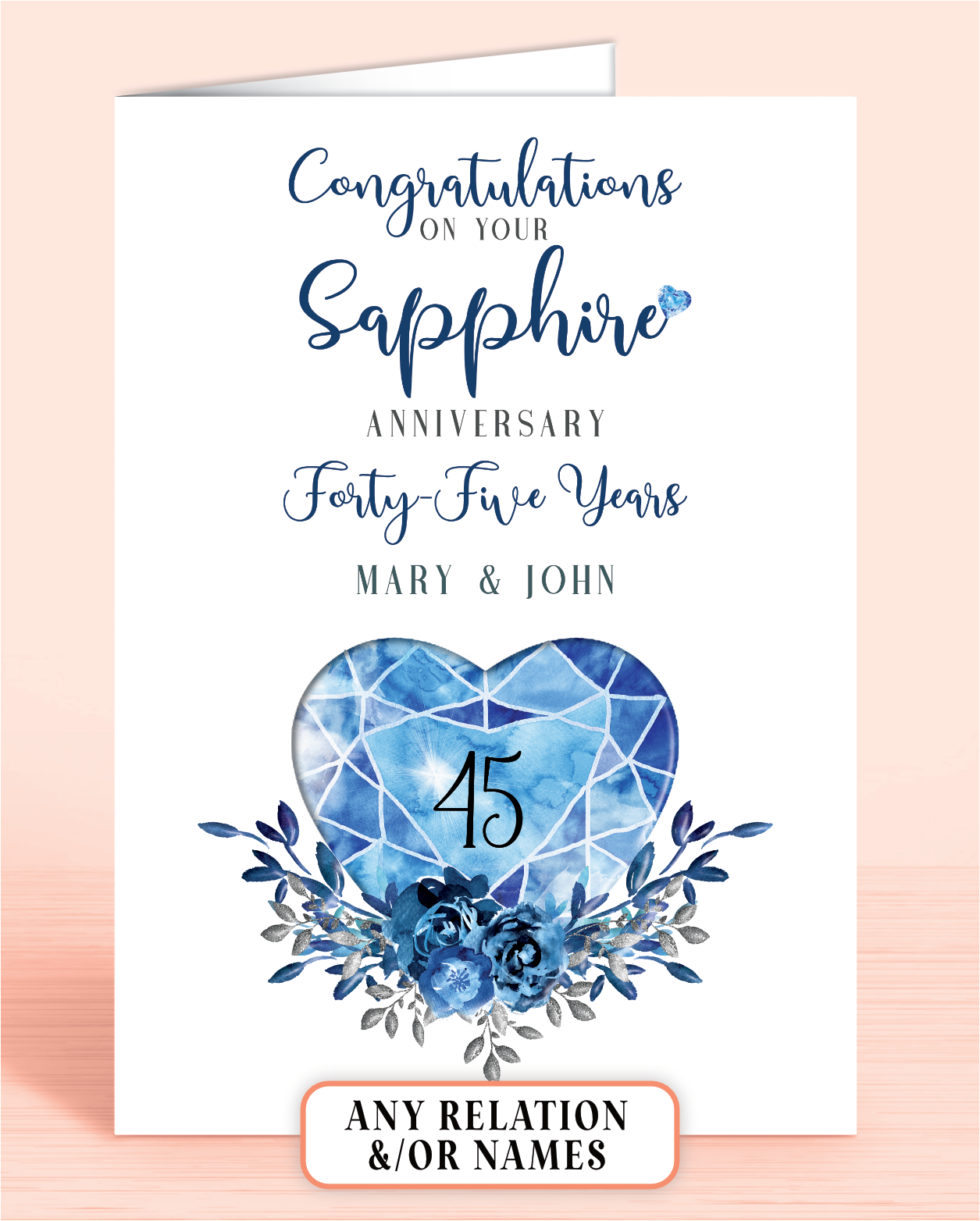 45th Sapphire Wedding Anniversary Card for Couple 45 Years, Congratulations on your Sapphire Anniversary, personalisation optional | Oliver Rose Designs