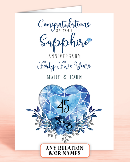 45th Sapphire Wedding Anniversary Card for Couple 45 Years, Congratulations on your Sapphire Anniversary, personalisation optional | Oliver Rose Designs