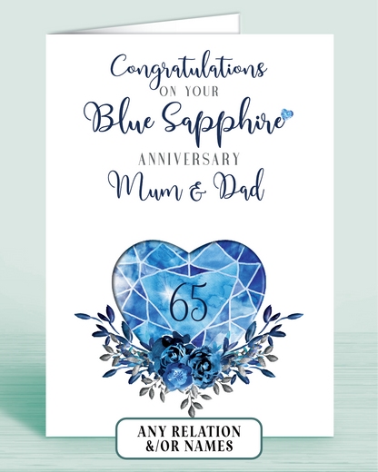 65th Blue Sapphire Wedding Anniversary Card for Mum & Dad, Congratulations on your Blue Sapphire Anniversary, personalisation optional | Oliver Rose Designs