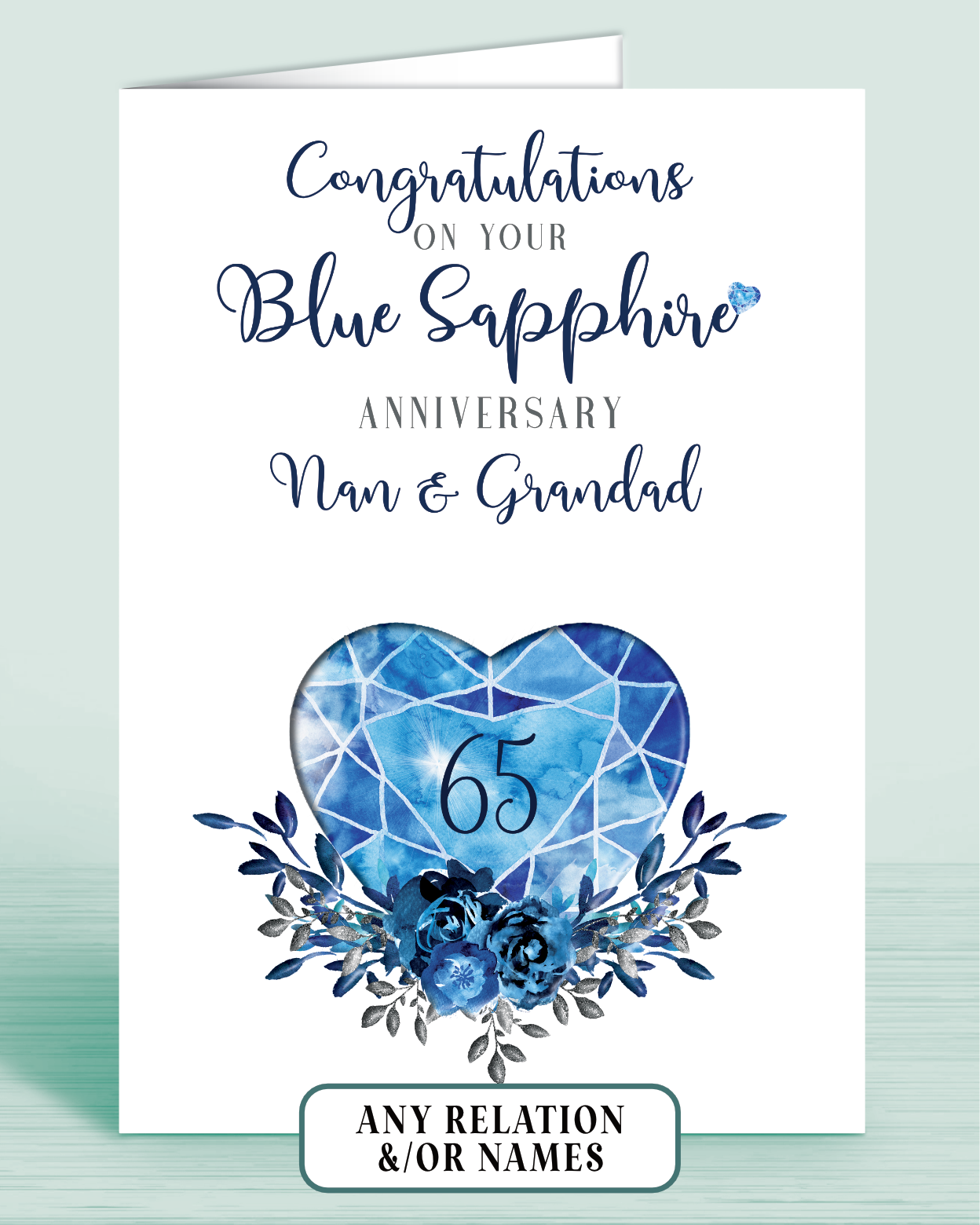 65th Blue Sapphire Wedding Anniversary Card for Nan & Grandad, Congratulations on your Blue Sapphire Anniversary, personalisation optional | Oliver Rose Designs