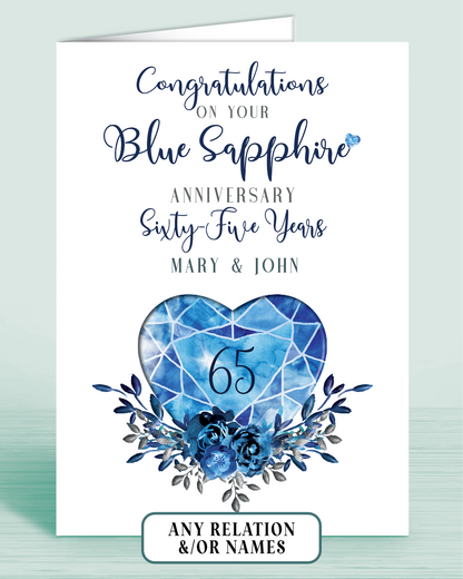 65th Blue Sapphire Wedding Anniversary Card for Couple 65 Years, Congratulations on your Blue Sapphire Anniversary, personalisation optional | Oliver Rose Designs