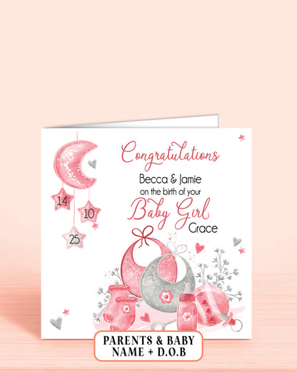 New Baby Girl Congratulations Card in Pink for New parents, Personalised with Parents Names, baby Name & Baby Date of Birth if required | Oliver Rose Designs