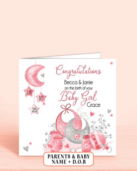 New Baby Girl Congratulations Card in Pink for New parents, Personalised with Parents Names, baby Name & Baby Date of Birth if required | Oliver Rose Designs
