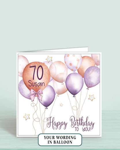 70th Birthday Card for Her, Lilac & Rose Gold Effect Balloons Birthday Card for Girls, Your Wording Printed in the Largest Balloon - Oliver Rose Designs