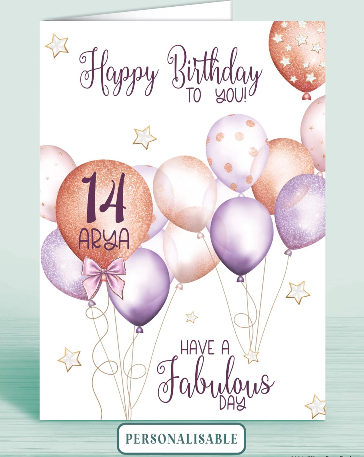 Personalised Birthday Card, Purple Balloons, 14th or Any Age. Add a Name. Age & Name Printed Inside Largest Balloon. Happy Birthday to you, have a fabulous day | Oliver Rose Designs