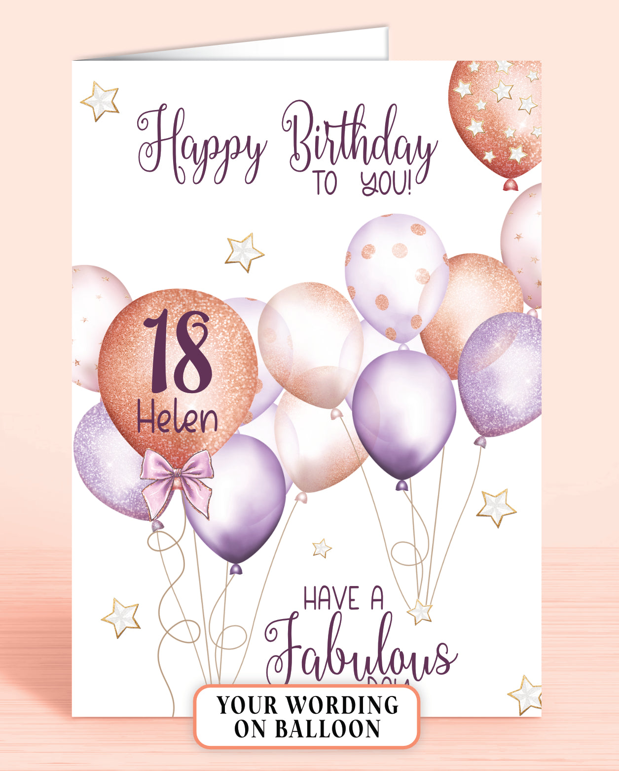 Personalised 18th Birthday Card, Purple Balloons, 18th or Any Age. Add a Name. Age & Name Printed Inside Largest Balloon. Happy Birthday to you, have a fabulous day | Oliver Rose Designs