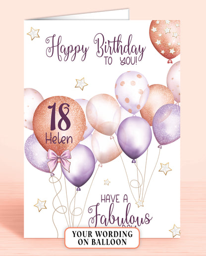 Personalised 18th Birthday Card, Purple Balloons, 18th or Any Age. Add a Name. Age & Name Printed Inside Largest Balloon. Happy Birthday to you, have a fabulous day | Oliver Rose Designs