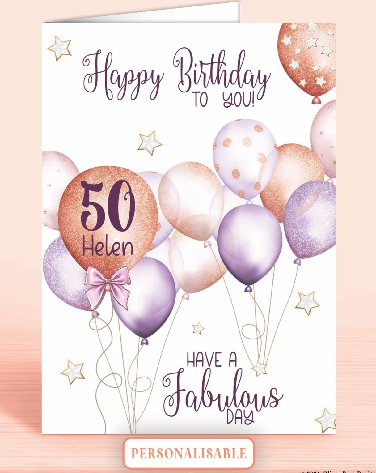 Personalised Birthday Card, Purple Balloons, 50th or Any Age. Add a Name. Age & Name Printed Inside Largest Balloon. Happy Birthday to you, have a fabulous day | Oliver Rose Designs