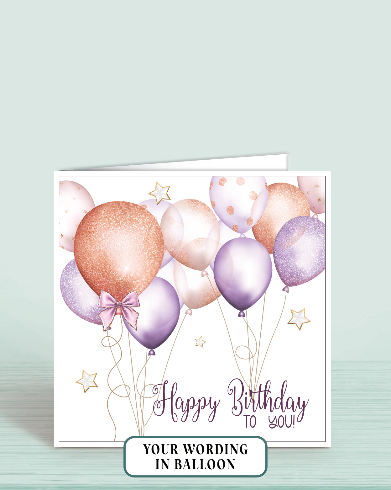 Womens Birthday Card for Her, Lilac & Rose Gold Effect Balloons Birthday Card for Girls, Your Wording Printed in the Largest Balloon - Oliver Rose Designs
