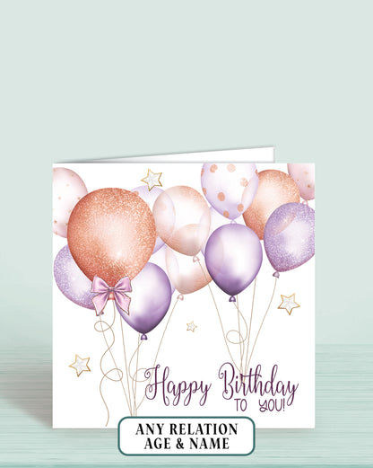 Lilac & Rose Gold Effect Balloons Birthday Card (5.75" Square) - Oliver Rose Designs