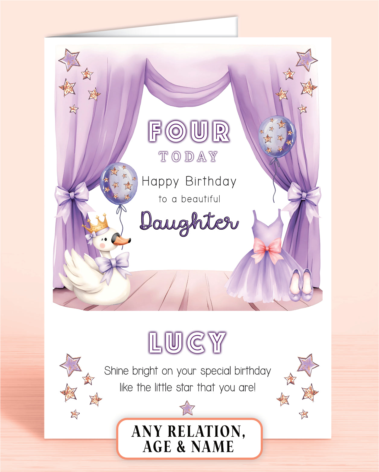 Birthday card for a daughter with lilac & purple design featuring a Swan, Ballet Dress & Shoes, and balloons set on a curtained stage. Wording: [age] Today, Happy Birthday to a beautiful Daughter [Name] Shine bright on your special birthday like the little star that you are!