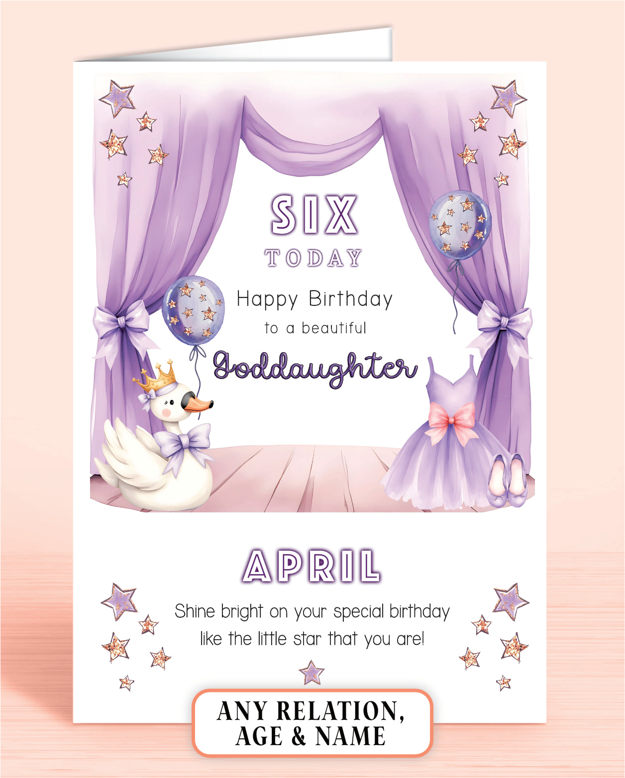 Birthday card for a goddaughter with lilac & purple design featuring a Swan, Ballet Dress & Shoes, and balloons set on a curtained stage.