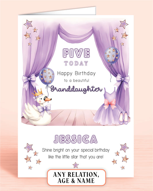 Birthday card for a granddaughter with lilac & purple design featuring a Swan, Ballet Dress & Shoes, and balloons set on a curtained stage.