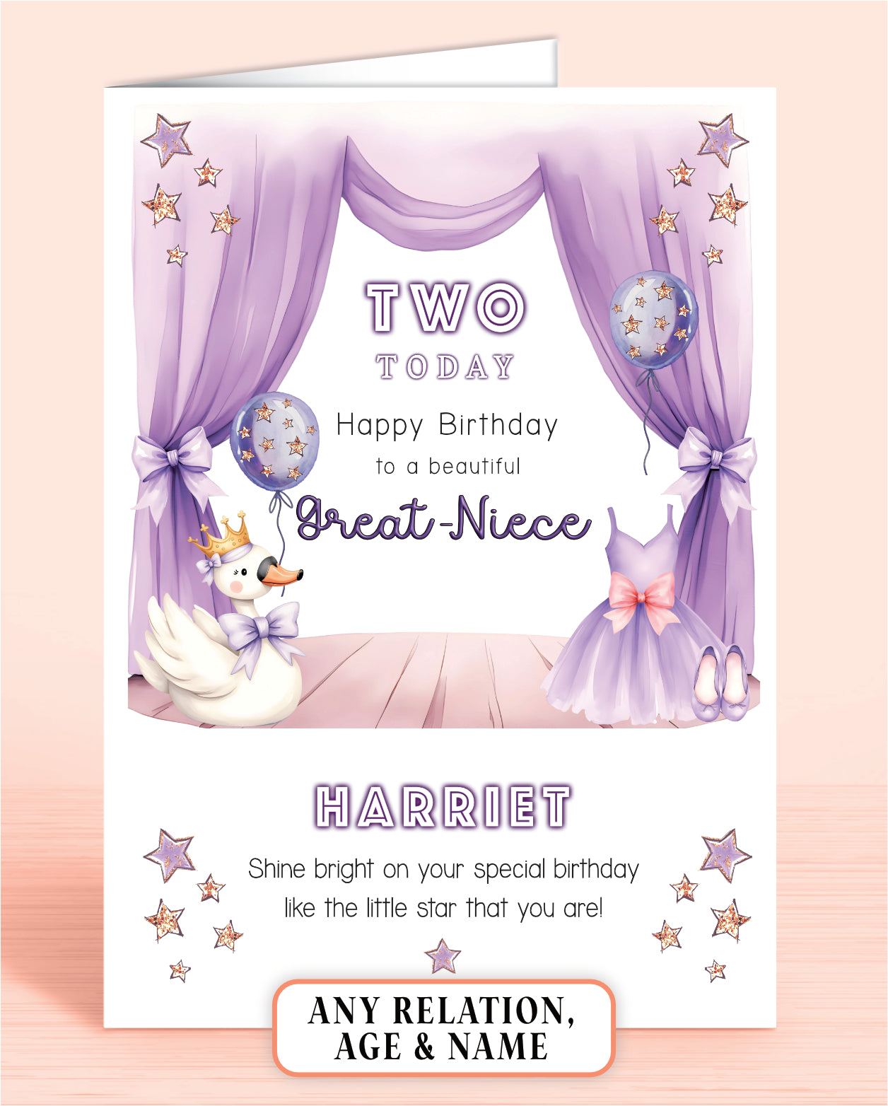 Birthday card for a great-niece with lilac & purple design featuring a Swan, Ballet Dress & Shoes, and balloons set on a curtained stage.