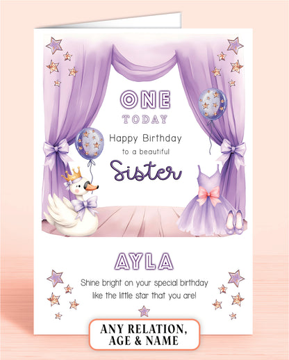 Birthday card for a sister with lilac & purple design featuring a Swan, Ballet Dress & Shoes, and balloons set on a curtained stage.