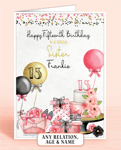 Glam Pink & Black Birthday Card, 15th Birthday Card, Sister Birthday Card, Personalised Birthday Card | Oliver Rose Designs