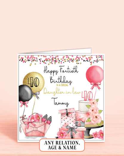 Daughter-in-law Birthday Card Age 40th, Pink, Black & Gold Effect, Any Age, Any Relation, To a Special Daughter-in-law, Goddaughter, Personalise with a Name | Oliver Rose Designs