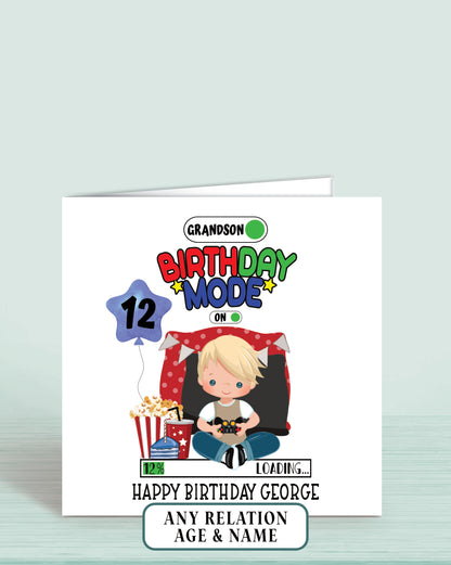 Gaming theme Grandson Birthday Card, Boys Personalised Birthday Card, Age 12 Birthday Card for Grandson with Blonde Hair
