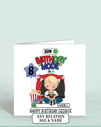 Gaming theme Son Birthday Card, Boys Personalised Birthday Card, Age 8 Birthday Card for Son with Blonde Hair