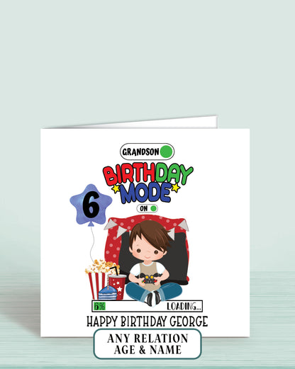 Gaming theme Grandson Birthday Card, Boys Personalised Birthday Card, Age 6 Birthday Card for Grandson with Brown Hair