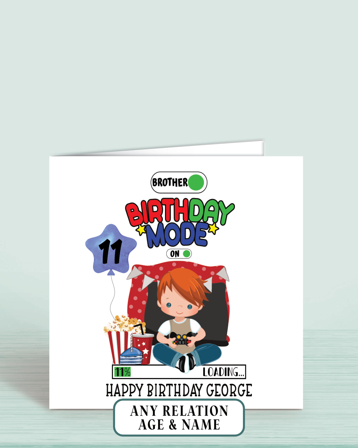 Gaming theme Brother Birthday Card, Boys Personalised Birthday Card, Age 11 Birthday Card for Brother with Red Hair