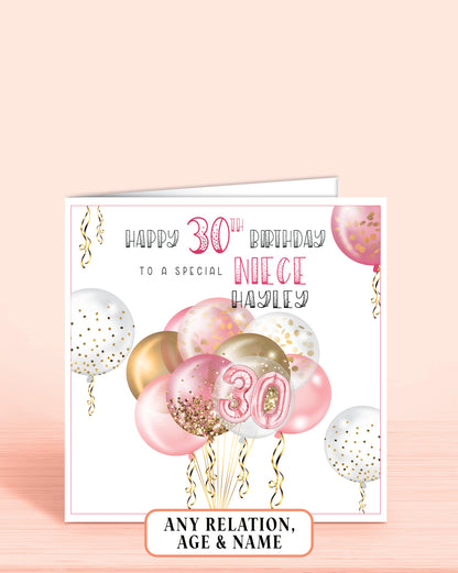 Personalised 30th Birthday Card, Pink & Gold Effect, Any Age, Any Relation, To a Special Niece | Oliver Rose Designs