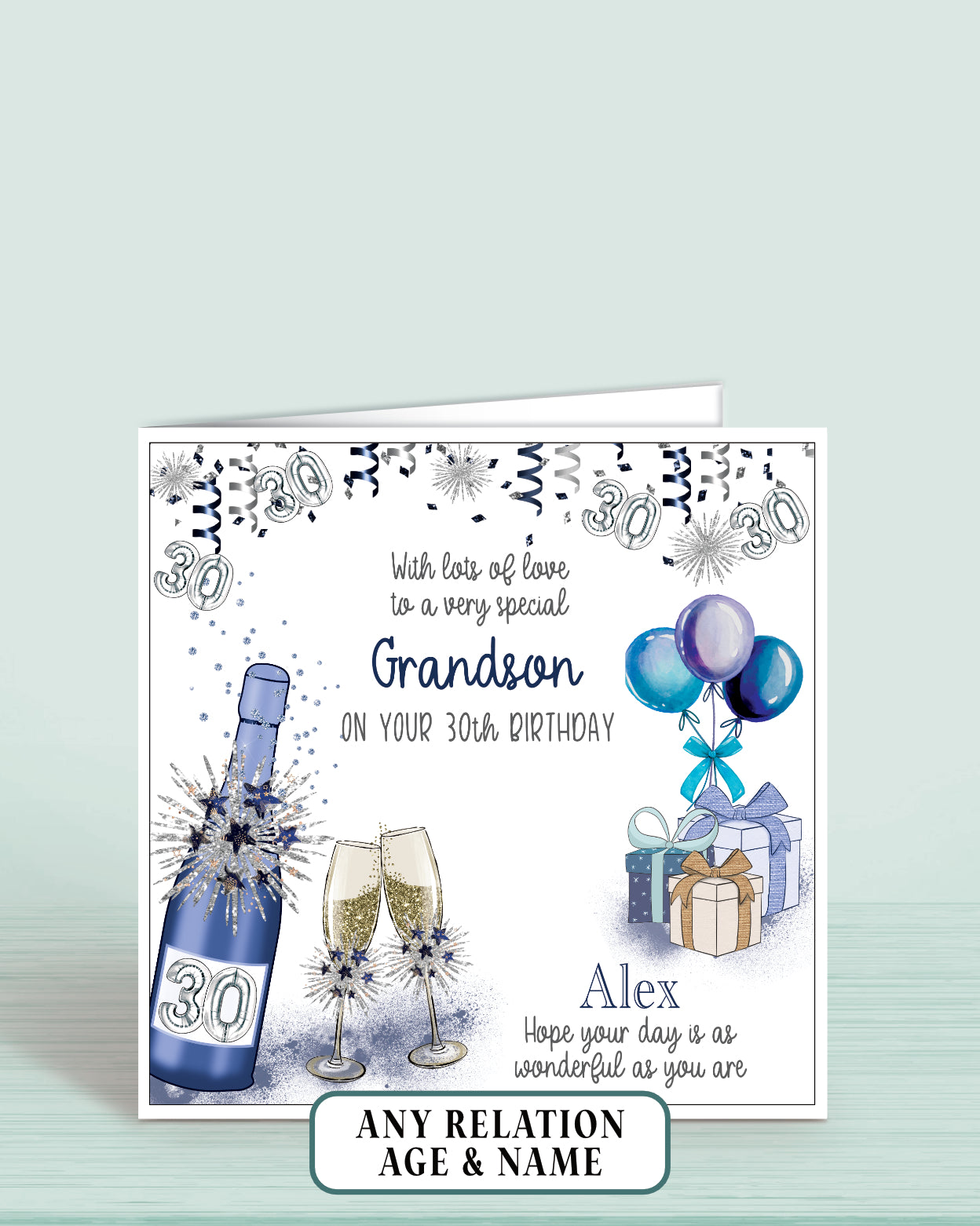 Grandson Birthday Card, Mens 30th Birthday Card for Him, any age, any relation, Blue Bubbly | Oliver Rose Designs