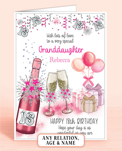 Granddaughter 18th Birthday Card for Her, Any Relationship, Any Age, Personalised Women's Birthday Card, Pink Female Birthday Card A5 | Oliver Rose Designs