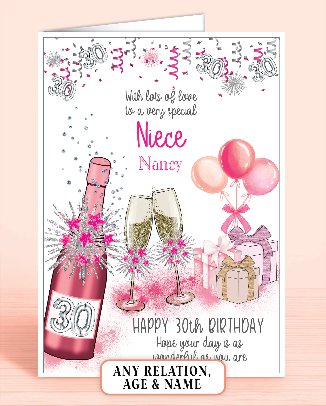 Niece 30th Birthday Card for Her, Any Relationship, Any Age, Personalised Women's Birthday Card, Pink Female Birthday Card A5 | Oliver Rose Designs