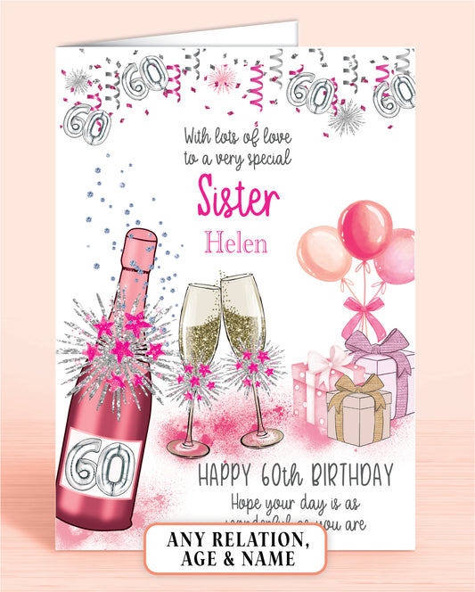 Personalised 60th Birthday Card for Sister, Pink Bubbly Design | Oliver Rose Designs