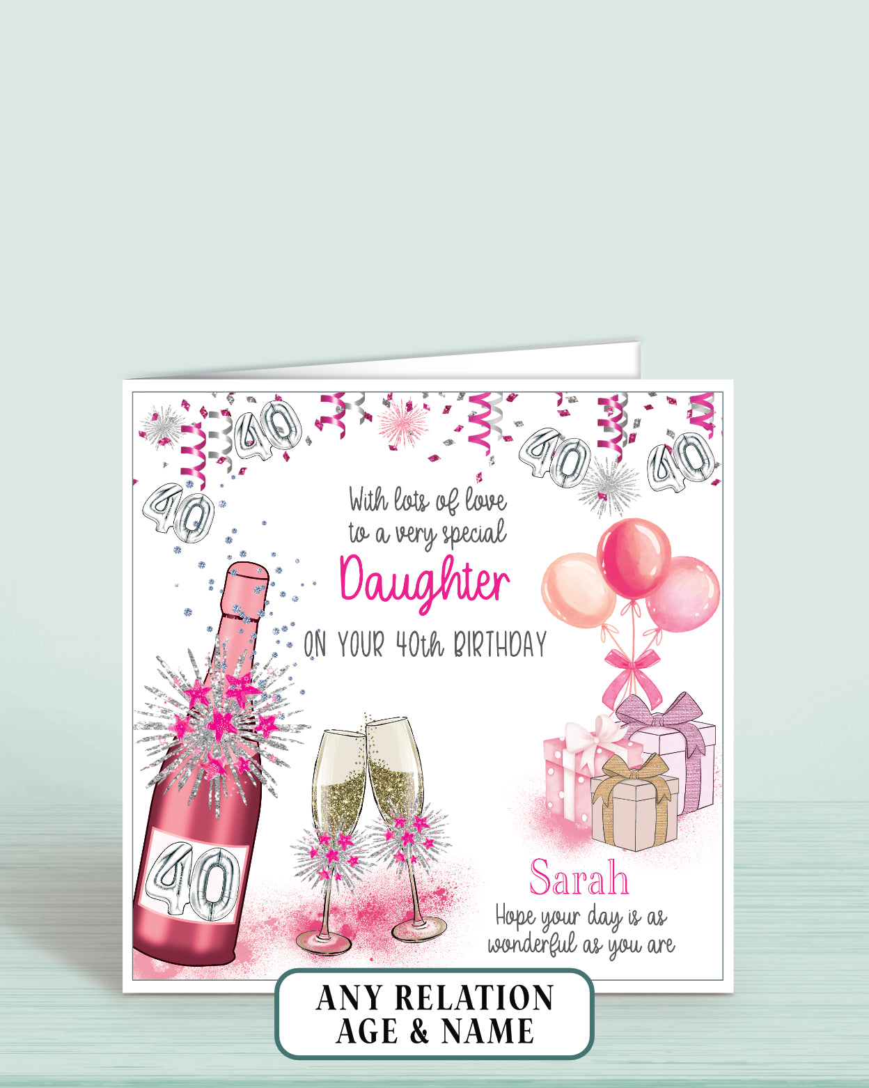 Daughter 40th Birthday Card for Her, Any Relationship, Any Age, Personalised Women's Birthday Card, Pink Female Birthday Card | Oliver Rose Designs