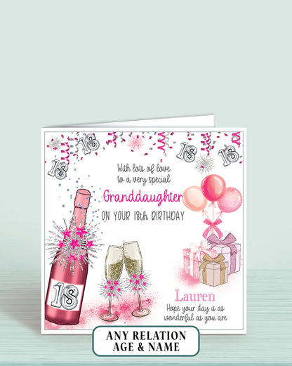 Granddaughter 18th Birthday Card for Her, Any Relationship, Any Age, Personalised Women's Birthday Card, Pink Female Birthday Card | Oliver Rose Designs